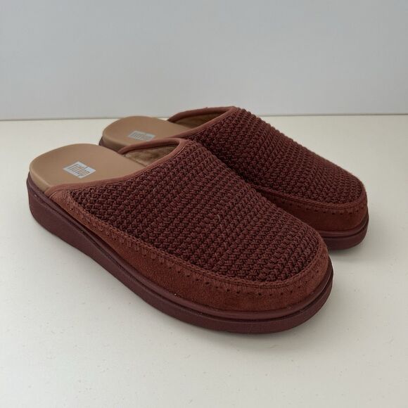 FITFLOP Mules Crochet Suede Trim Womens Sz 7 Clogs Clay Brown Slip On GEN-FF E01 - Picture 1 of 12